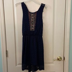 Blue Rain Cocktail Party Dress Small Navy Blue Lace with Beaded Front